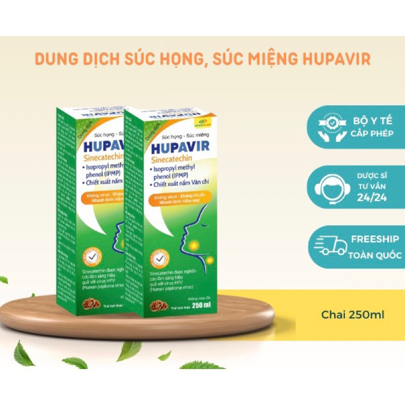 Nước súc miệng súc họng Hupavir 250ml chiết xuất nấm vân chi, trà xanh, lá neem hỗ trợ sùi, hạt lympho cho cả nam và nữ