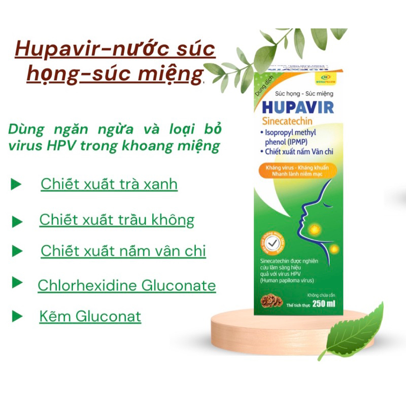 Nước súc miệng súc họng Hupavir 250ml chiết xuất nấm vân chi, trà xanh, lá neem hỗ trợ sùi, hạt lympho cho cả nam và nữ