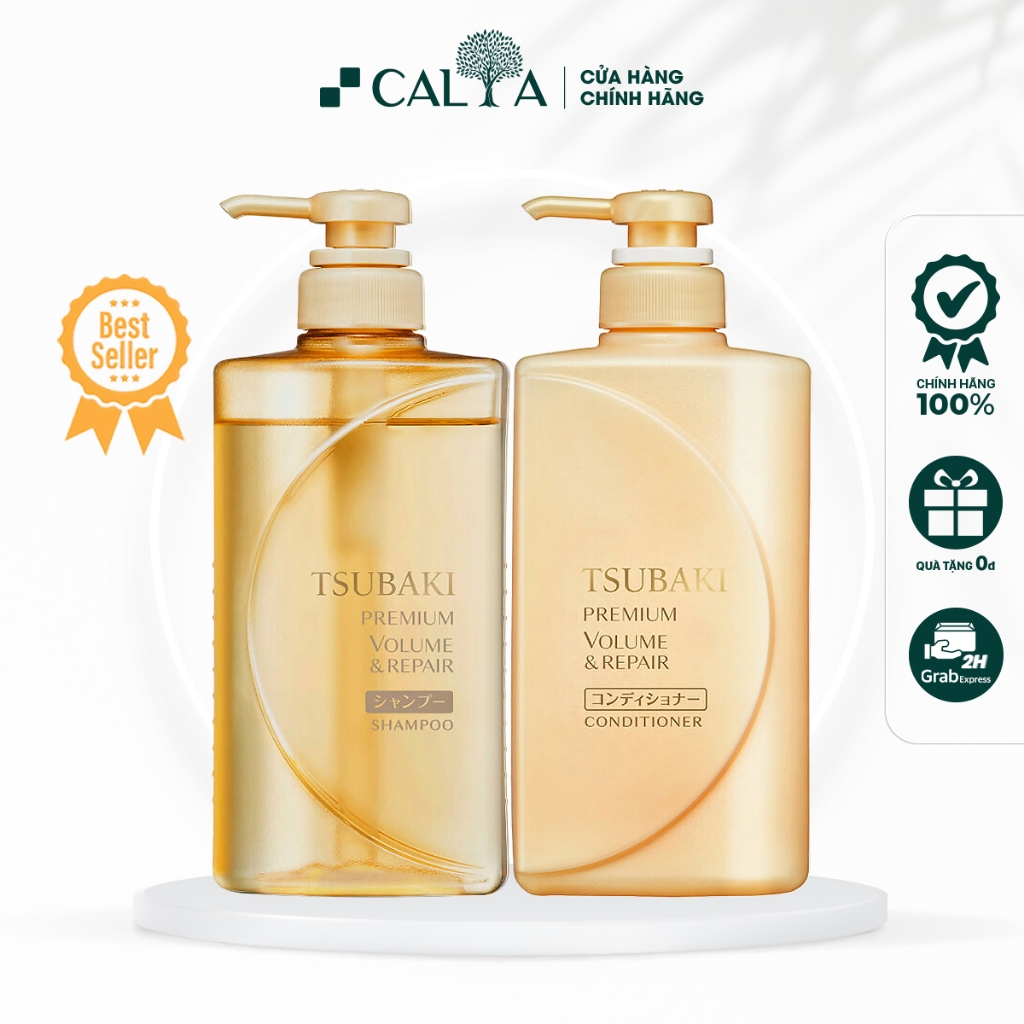 Combo Gội Xả Tsubaki Màu Vàng Ngăn Rụng Tóc, Phục Hồi Tóc Hư Tổn - Tsubaki Premium Repair Màu Vàng 490ml/chai