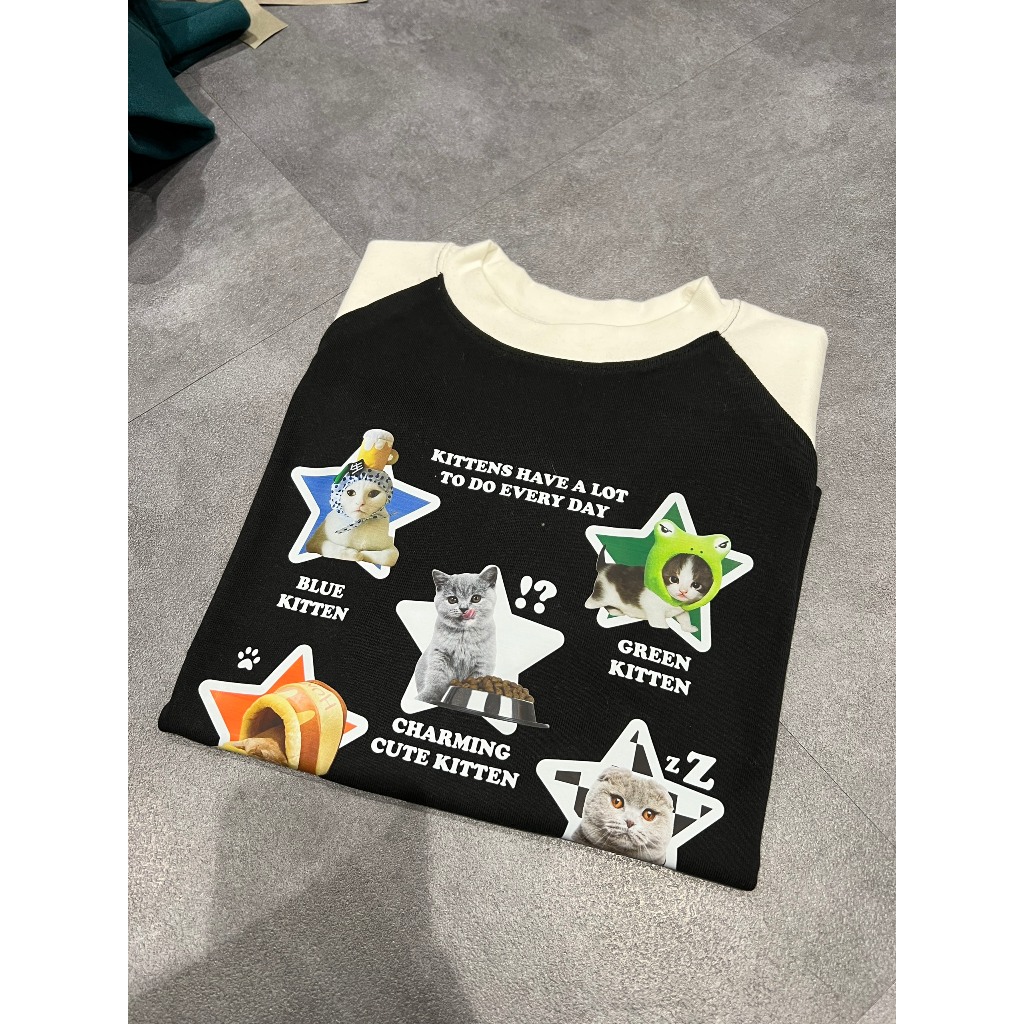 ÁO BABYTEE ĐEN TAY TRẮNG NHIỀU MÈO A58