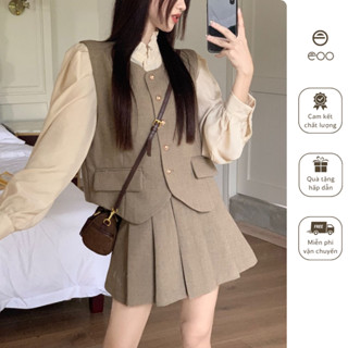 [Sẵn] Set áo chân váy set áo sơ mi gile chân váy ngắn xòe xếp ly be nâu vintage tiểu thư eooshop S01