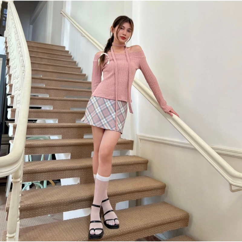 JANET STUDIO • Chân váy mini ca rô hồng