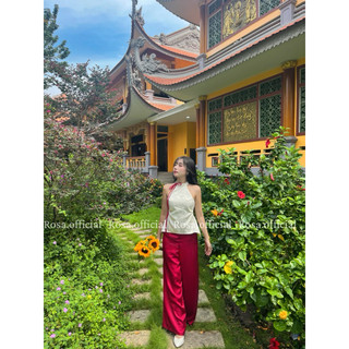  Set Áo Gấm Hoa Nổi Cổ Yếm Có Nhún Eo Và Quần Lụa Cao Cấp Rosa