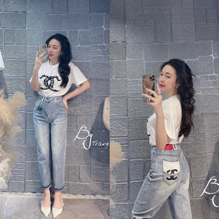 Quần baggy jean nữ kiểu thêu chữ, phối túi Ms 366