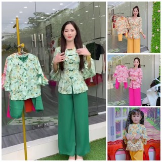 Bộ bà ba vải lụa tay loe cúc bọc cho mẹ và bé gái