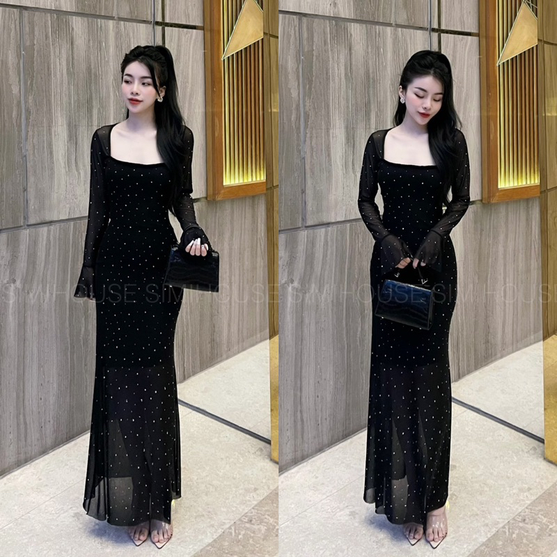 VÁY BODY CỔ U LƯỚI ĐÁ BLING