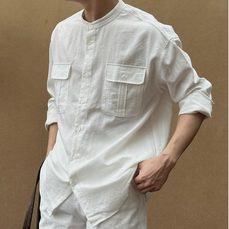 Áo sơ mi nam cổ tàu dài tay trắng đũi cổ trụ nữ unisex thời trang cá tính fom hàn quốc 2 túi ngực đi chơi biển tiệc SM7