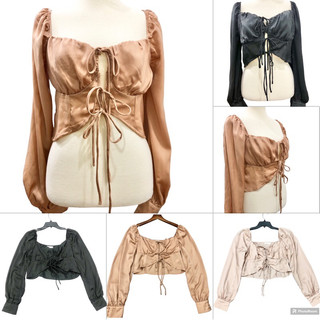 Áo kiểu croptop, sơ mi dài tay croptop, chất lụa satin dày dặn rủ không nhăn