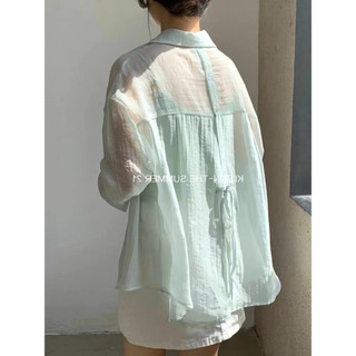 Áo sơ mi nữ sơ mi dài tay tơ, cách điệu xẻ lưng buộc dây sau phong cách