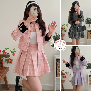 Set áo khoác dạ kẻ cadigan tay dài dáng croptop kèm chân váy xếp ly ngắn, Set đồ nữ áo dạ cadigan kèm chân váy tennis
