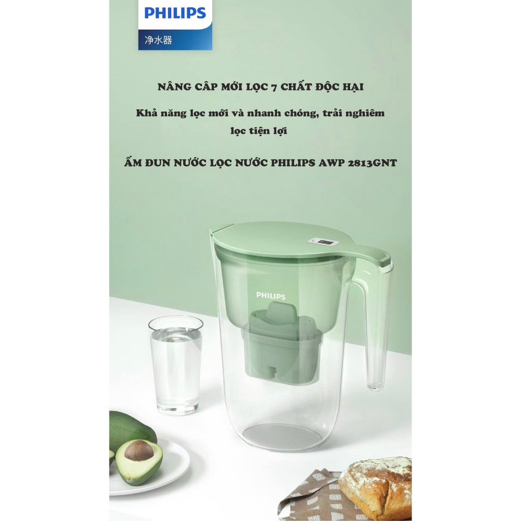 Bình lọc nước Philips gia đình 3.4L, Bình lọc nước Philips AWP2813, Bình lọc nước cầm tay Philips Chính Hãng