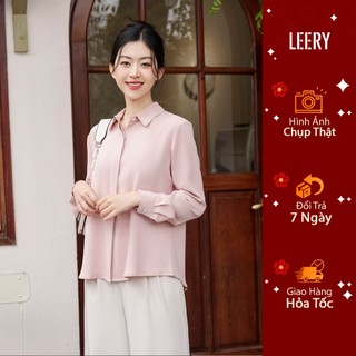 Áo sơ mi công sở nữ dài tay đẹp kiểu Hàn Quốc form rộng chất lụa cao cấp màu Trắng Đen Xanh Be LEERY SM-01