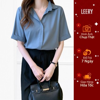 Áo sơ mi nữ công sở đẹp form rộng kiểu tay lỡ Hàn Quốc vải lụa cao cấp màu Đen Trắng Be Xanh form rộng LEERY SM-02