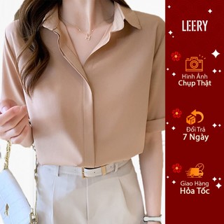 Áo sơ mi nữ công sở cao cấp kiểu Hàn Quốc form rộng đẹp ngắn tay màu Trắng Đen Be Xanh LEERY SM-02