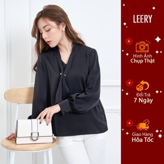 Áo sơ mi lụa nữ LEERY kiểu Hàn Quốc dài tay mặc đi làm công sở form rộng nơ cổ cao cấp màu Trắng Đen LEERY SM-04