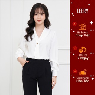 Áo sơ mi công sở nữ LEERY dài tay kiểu Hàn Quốc form rộng đính ngọc chất lụa cao cấp màu Trắng Đen SM-04