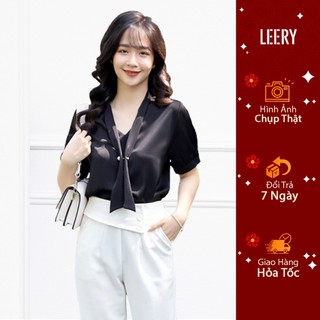 Áo sơ mi nữ tay phồng kiểu công sở Hàn Quốc form rộng vải lụa Ý cao cấp ngắn tay màu Trắng Đen Hồng LEERY SM-07
