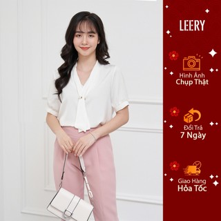 Áo sơ mi ngắn tay nữ LEERY cổ nơ kiểu Hàn Quốc vải lụa Ý cao cấp phù hợp đi làm công sở màu Trắng Đen Hồng SM-07