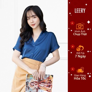 Áo sơ mi công sở nữ LEERY tay ngắn kiểu cổ đức vải lụa Hàn cao cấp màu Trắng Xanh LEERY SM-08