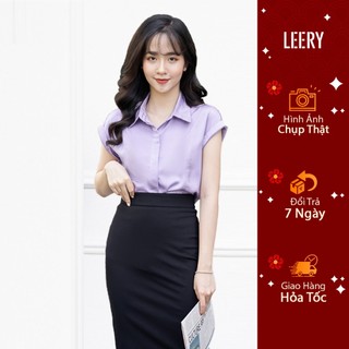 Áo sơ mi công sở nữ đẹp ngắn tay kiểu Hàn Quốc form rộng chất lụa cao cấp màu Đen Tím Oliu LEERY SM-09
