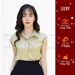 Áo sơ mi nữ ngắn tay form rộng mặc đi làm công sở, áo sơ mi nữ chất lụa cao cấp màu Tím Đen Oliu LEERY SM-09