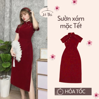 Sườn xám ôm body xẻ tà cổ tàu nhung đính cườm siêu xinh, đầm đỏ mặc Tết hack dáng|Lê Thi Clothing