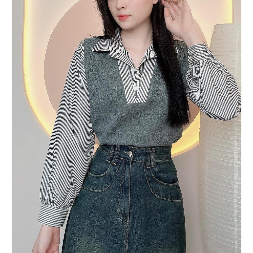 Áo sơ mi nữ hàn quốc sọc phối màu trẻ trung  màu thu xinh xắn LAMO-B1183