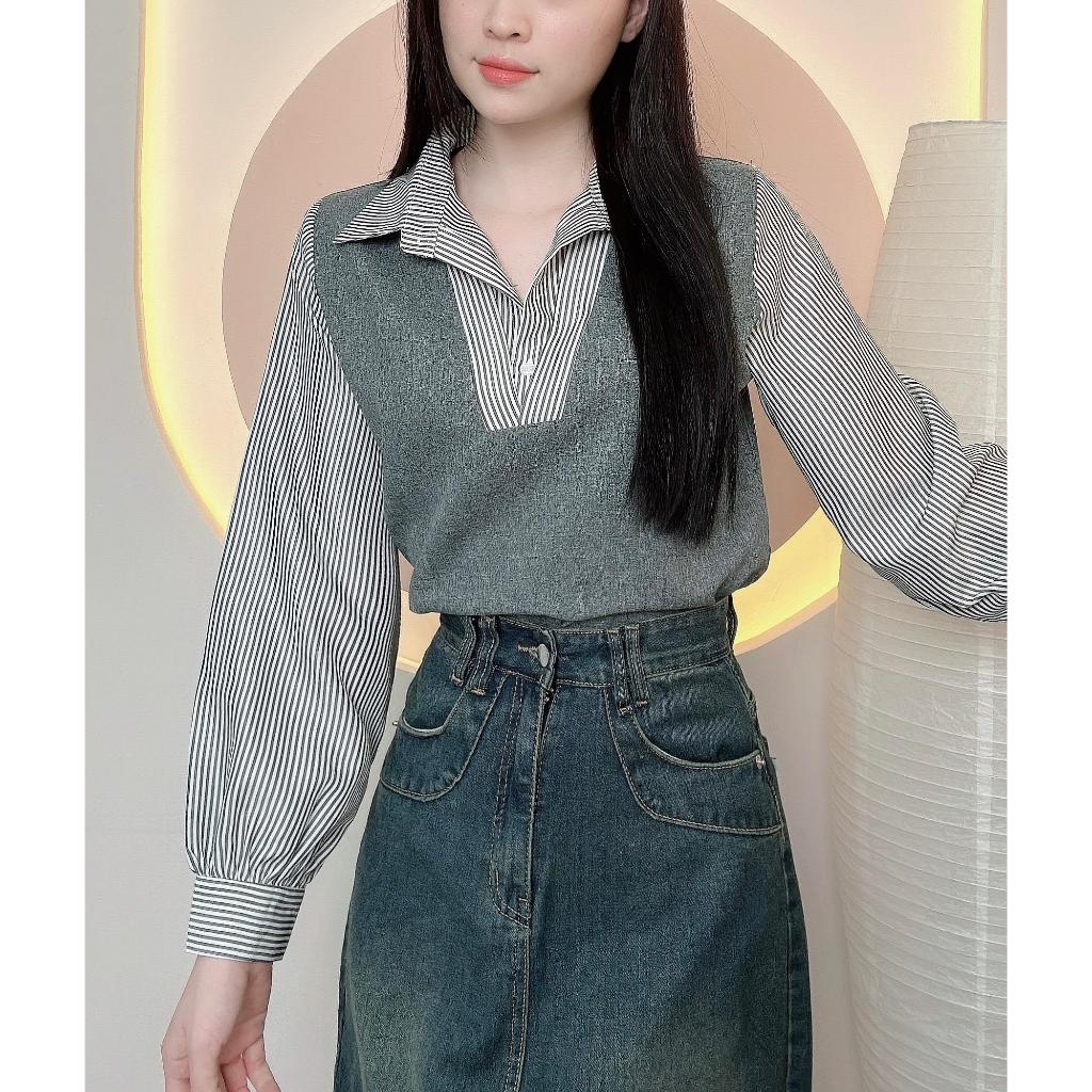 Áo sơ mi nữ hàn quốc sọc phối màu trẻ trung  màu thu xinh xắn LAMO-B1183