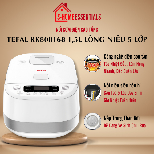 Nồi Cơm Điện Tử Cao Tần Tefal RK808168 -1,5L,1200W Lòng Niêu dày 5 Lớp Dành Cho Gia Đình 2-4 Người Có Chức Năng Hẹn Giờ