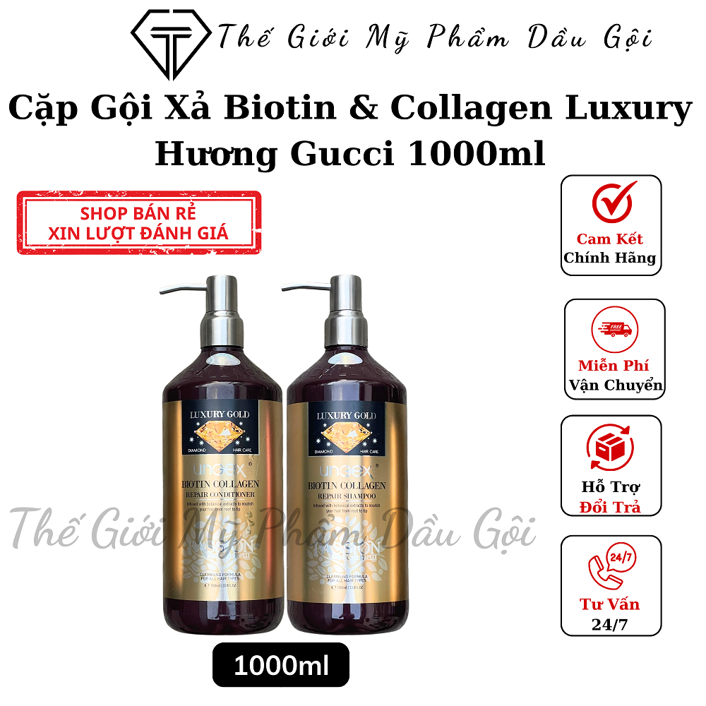 Cặp Dầu Gội Xả Biotin Collagen Luxury Gold Ungex Hương Nước Hoa Phục Hồi Hư Tổn, Bền Màu Nhuộm, Kích Thích Mọc Tóc