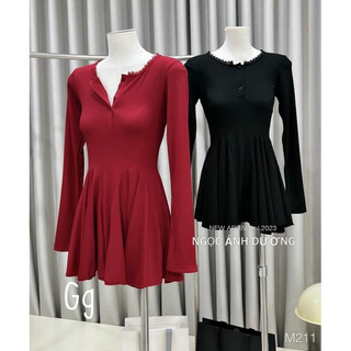 Đầm thun gân lên tăm babydoll xoè tay dài 🌷🌷🌷Go998