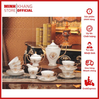 Bộ ấm chén sứ xương cao cấp phong cách Hoàng Gia, Bộ ấm chén VERSACE màu trắng viền vàng quý phái, sang trọng