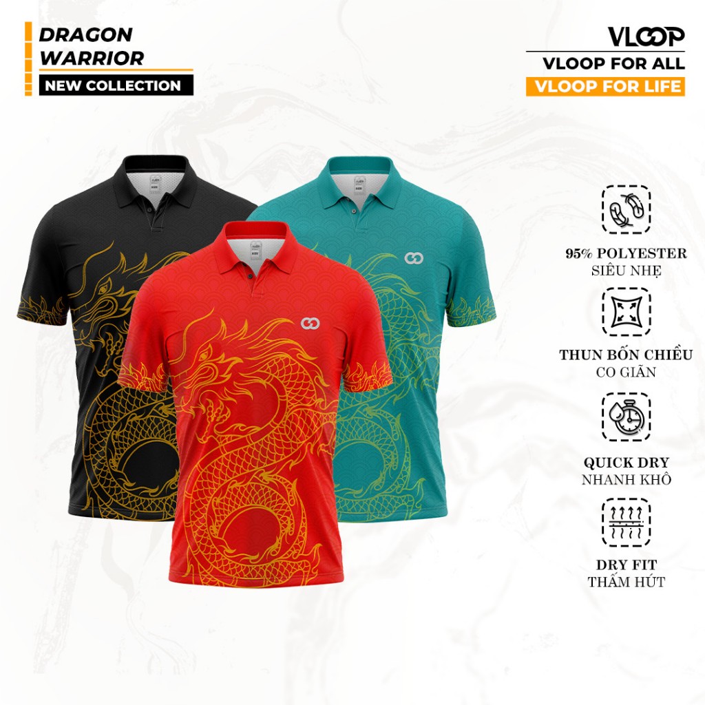 Áo Polo Thể Thao VLOOP, Áo Thể Thao Nam Nữ Có Cổ Họa Tiết Hình Rồng - BST DRAGON WARRIOR