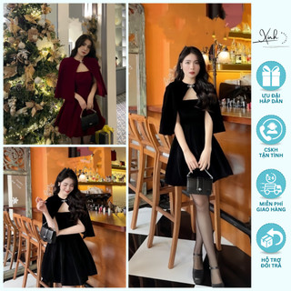 Váy hai dây kèm áo choàng ghim nơ đá chất nhung siêu mịn, váy dáng xoè cực xinh