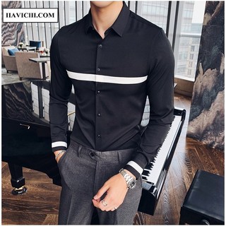Áo sơ mi nam đen họa tiết sọc trắng ngang ngực công sở cao cấp ng dài tay đẹp không nhăn hàn quốc đẹp.