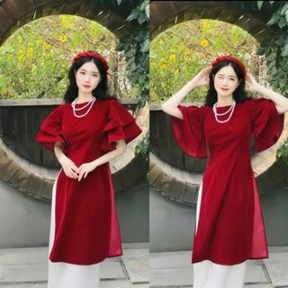 Set áo dài cách tân tay loe chất liệu nhung đỏ kèm quần trắng, set áo dài mặc tết sang chảnh