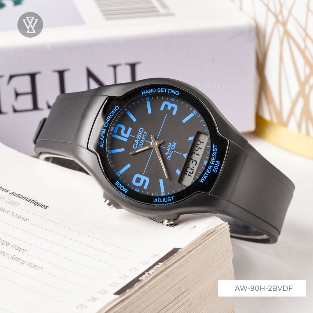 Đồng Hồ Quartz Nam Casio WATCHSTORE  AW-90H-2BVDF   Thiết Kế Mặt Kính Nhựa 38mm, Dây Nhựa Đen Và Vỏ Nhưa