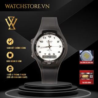 Đồng hồ quartz nam casio watchstore aw-90h-7evdf thiết kế mặt kính nhựa 38mm, dây nhựa đen và vỏ nhưa