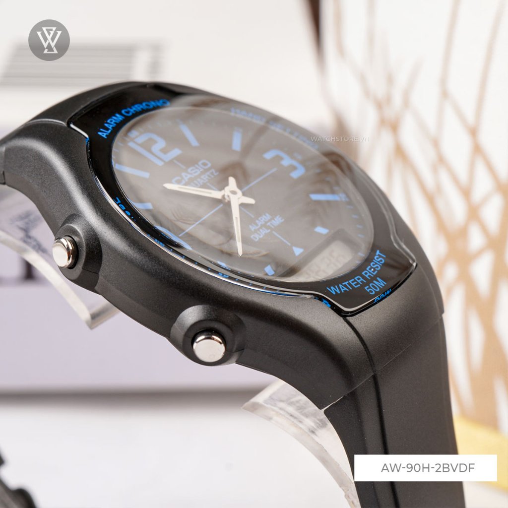 Đồng Hồ Quartz Nam Casio WATCHSTORE  AW-90H-2BVDF   Thiết Kế Mặt Kính Nhựa 38mm, Dây Nhựa Đen Và Vỏ Nhưa