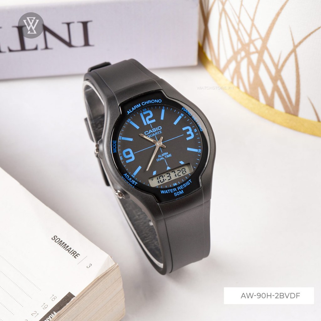 Đồng Hồ Quartz Nam Casio WATCHSTORE  AW-90H-2BVDF   Thiết Kế Mặt Kính Nhựa 38mm, Dây Nhựa Đen Và Vỏ Nhưa
