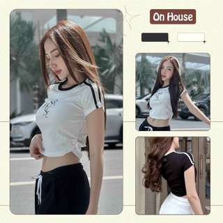 Áo Croptop tay ngắn ON House basic in chữ thương hiêu thiết kế nhúng eo phối 2 line cá tính chất gân len mịn CR141 Q049