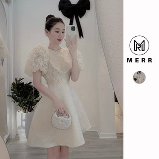 [MERR0016] Đầm Gấm Phối Ren Hoa Tay Bồng Cổ Nơ | MERRCHUYENVAY