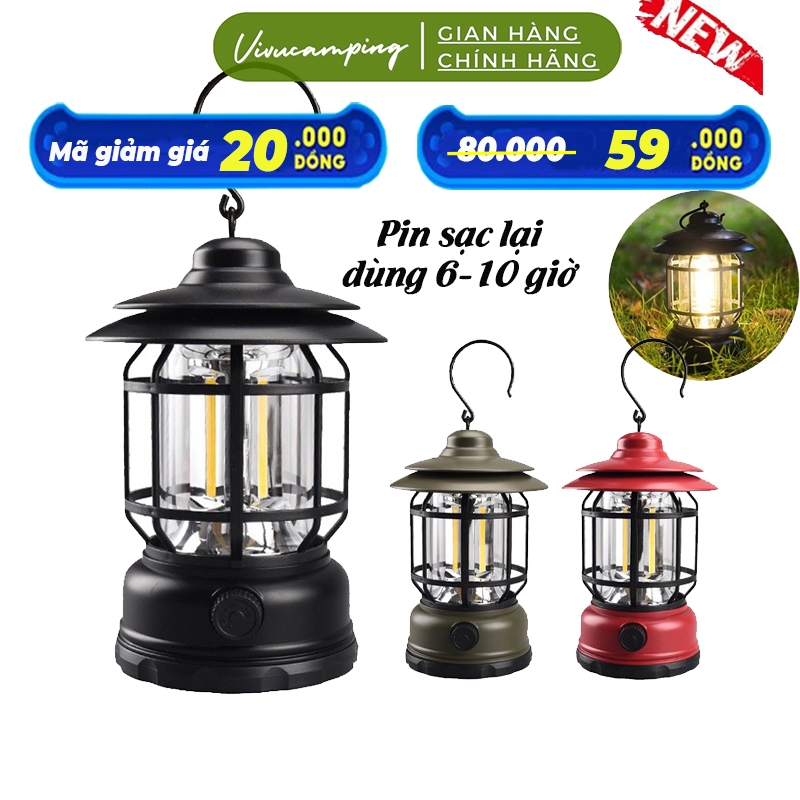 Đèn Cắm Trại Treo Lều Tích Điện Pin Sạc Lại Thời Lượng Pin 6-8 Giờ, Đèn Dã Ngoại Trang Trí Phong Cách Vintage Siêu Đẹp