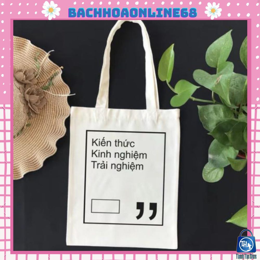 Túi tote Thái Công in chữ kiến thức, kinh nghiệm, trải nghiệm chất vải canvas có khoá kéo và túi phụ (33x38) BH 554