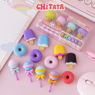 Tẩy Bút Chì set 4 cục tẩy gôm tạo hình que kem, kẹo mút, bánh donut dễ thương an toàn cho trẻ em học sinh