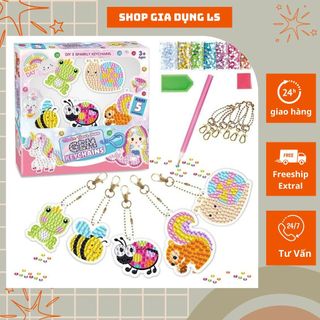 Tranh đính đá mini cho bé sticker móc khóa tự làm tự dính đá trang trí balo, cặp... set 5 chiếc