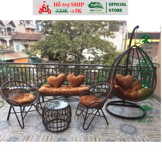 Bộ full combo1 HEALHOMES bàn ghế xích đu giả mây khung thép decor nội thất ban công sân vườn