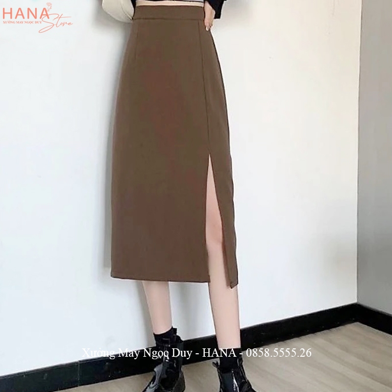 Chân váy dài qua đầu gối xẻ tà trước lưng cao kiểu Hàn Quốc - Chân váy công sở dáng chữ A xẻ trước màu Đen Nâu vải dày