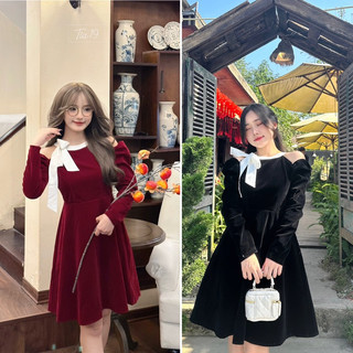 Váy nhung đỏ nơ lệch thiết kế Alana Dress. Tia19 Đầm nhung dáng xòe