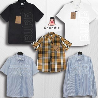 Áo Sơ Mi BBR Burberry Sọc Kẻ Xanh Chữ Thêu Tay Ngắn và Tay Dài